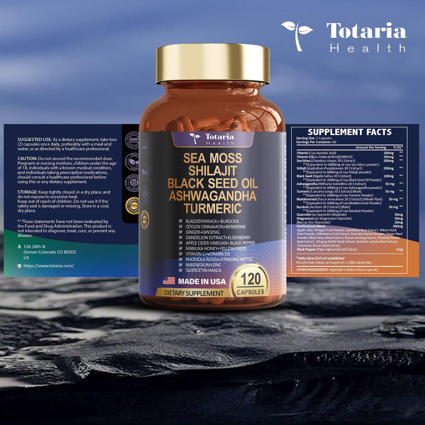 25-in-1Sea Moss Black Seed Oil Ashwagandha Ginger Shilajit Supplement 18525mg, Sea Moss Capsules with Bladder Burdock Ceylon Cinnamon Berberine ACV Manuka VIT C&D3 for Immune, Gut & Energy, 120 Caps