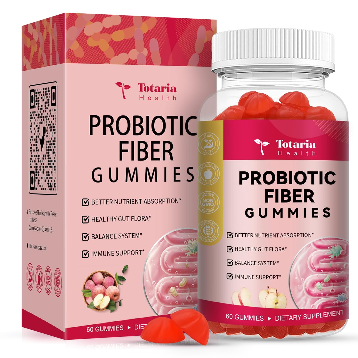 9-in-1 Probiotic Fiber Gummies for Adults & Teens 16G Fiber per Serving, Psyllium Fiber Supplement with 5 Billion CFU Bacillus Coagulans, Inulin, ACV for Digestive, Gut & Immune Wellness - 60 Gummies