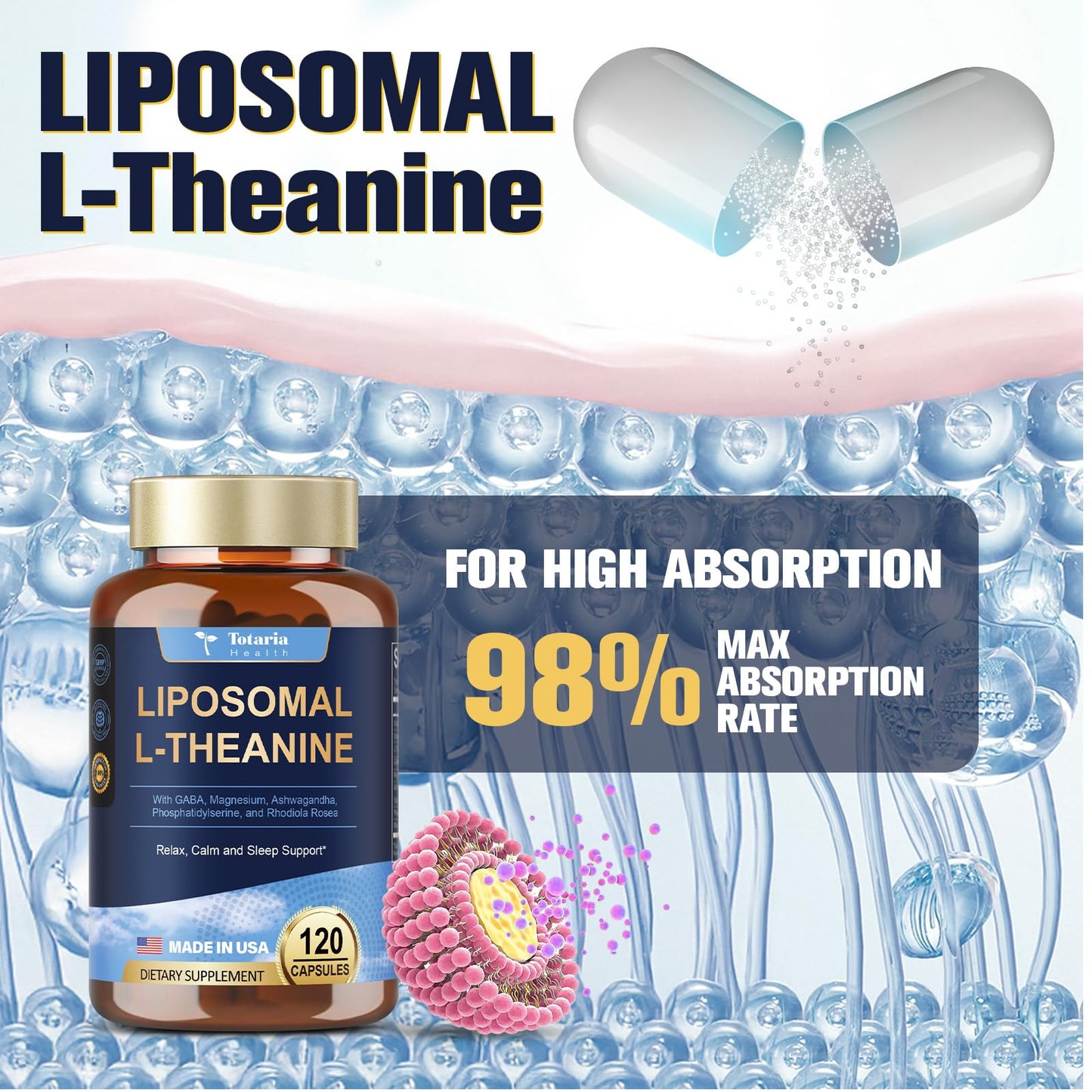 Liposomal L-Theanine Supplement 750mg with GABA,Ashwagandha,Magnesium Glycinate,Rhodiola Rosea,Phosphatidylserine Complex Supplements for Men and Women Mood |Focus | Sleep Support 120 Capsules