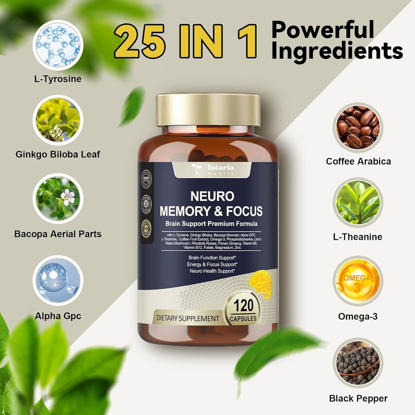 25 in 1 Brain Supplements for Memory and Focus & Neuro Health - Daily Brain Nootropic Cognitive Supplement with L-Tyrosine, Bacopa Monnieri, Ginkgo Biloba, Alpha GPC - Non-GMO, Gluten Free, Vegan