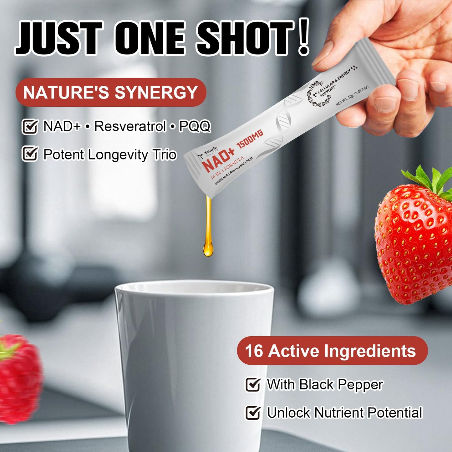 NAD Liquid Supplement 1500mg, Extra Strength NAD+, Resveratrol, Urolithin A, PQQ 16-in-1 Formula with Nicotinamide Riboside for Anti Aging, Energy, Immune, Focus for Men & Women (30 Packets)