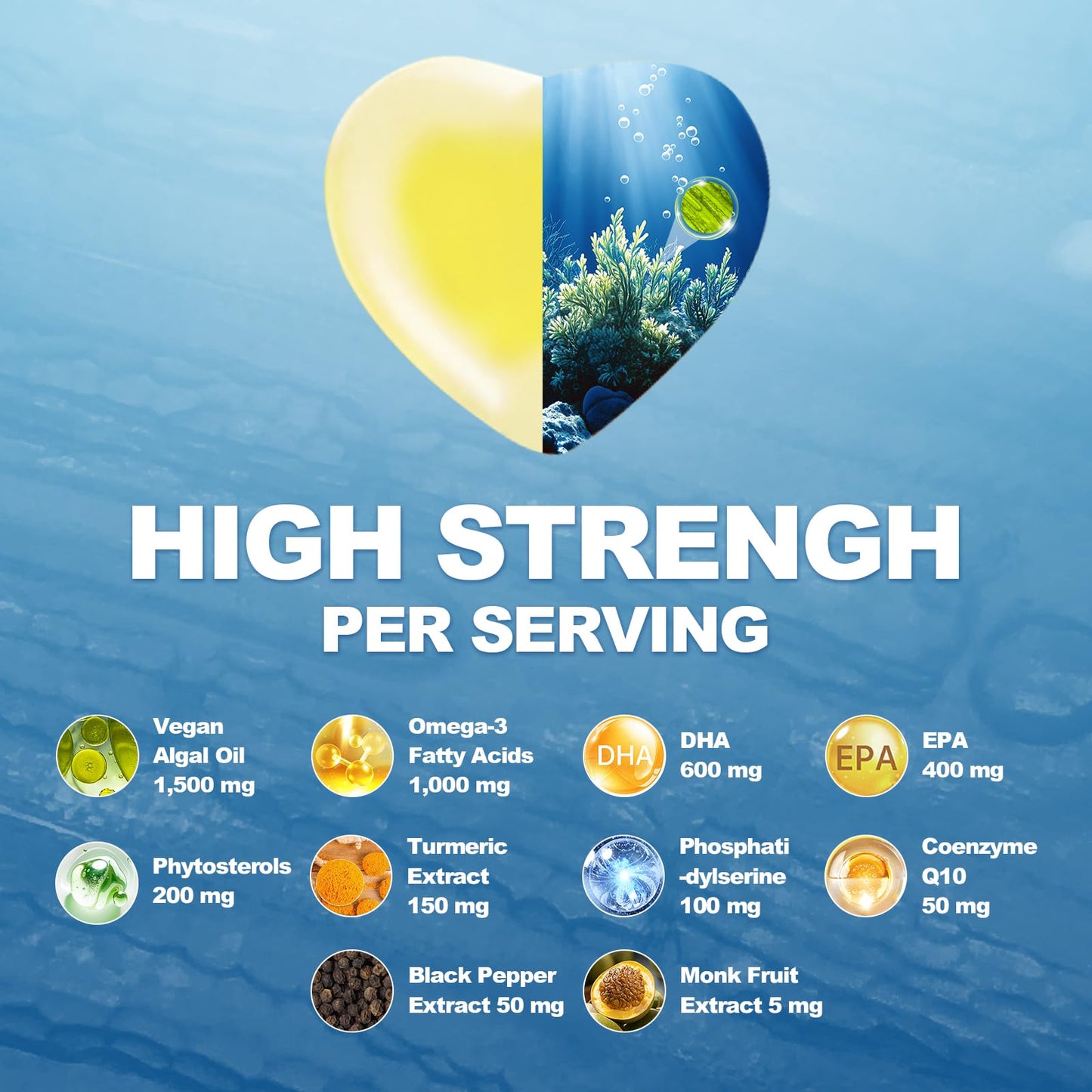 Vegan Algae Omega-3 Gummies with DHA EPA, Turmeric CoQ10 for Brain and Eye Wellness - 60 Counts