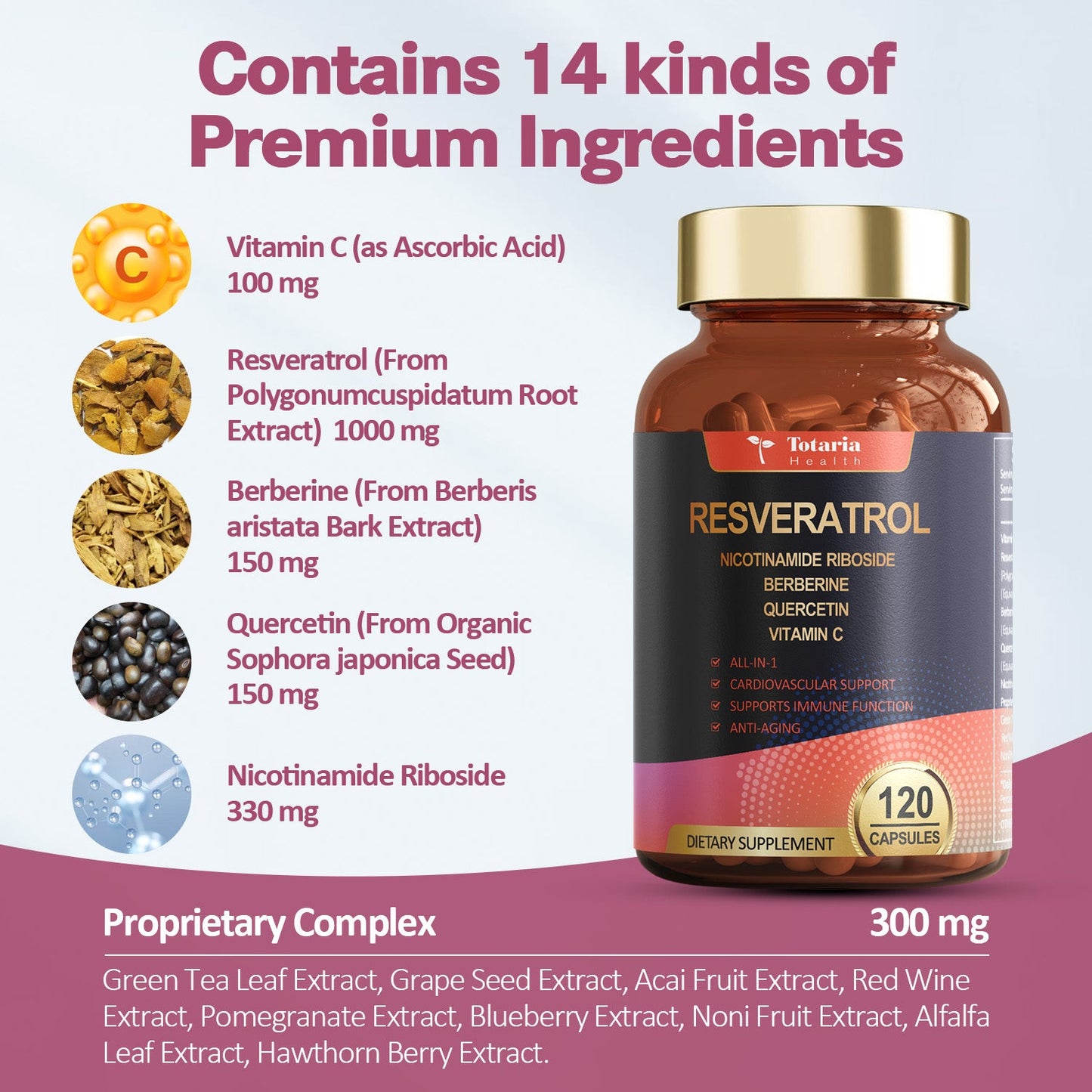 Resveratrol Supplement 8000mg Extra Strength with Berberine Quercetin Green Tea Extract Grape Seed Extract Polyphenol Antioxidant Supplement Antioxidant & Heart Health Support 120 Capsules