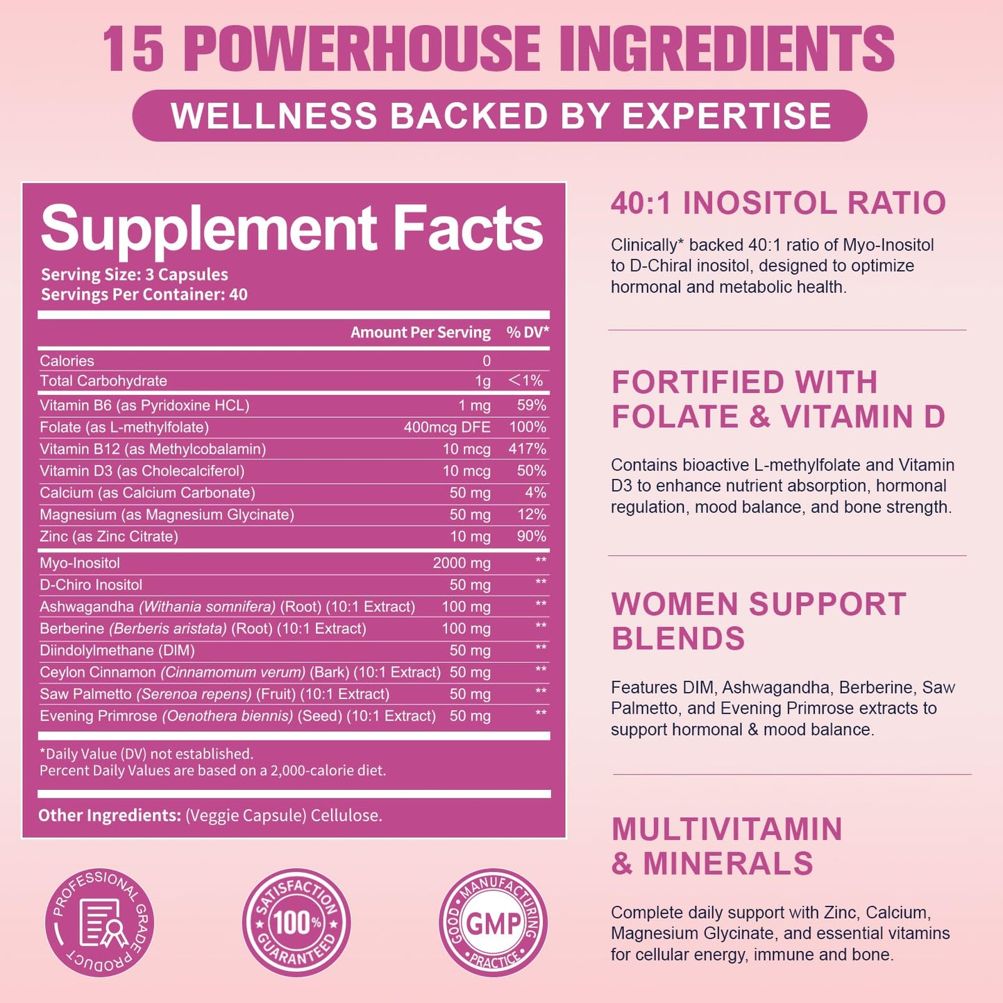 Myo-Inositol & D-Chiro Inositol for Women, 2050 mg inositol Supplement w/DIM, Ashwagandha, Folate, Vitamin D, Calcium, Ideal 40:1 Ratio, for Hormone Balance, Ovarian Function*, Overall Health, 120 Ct