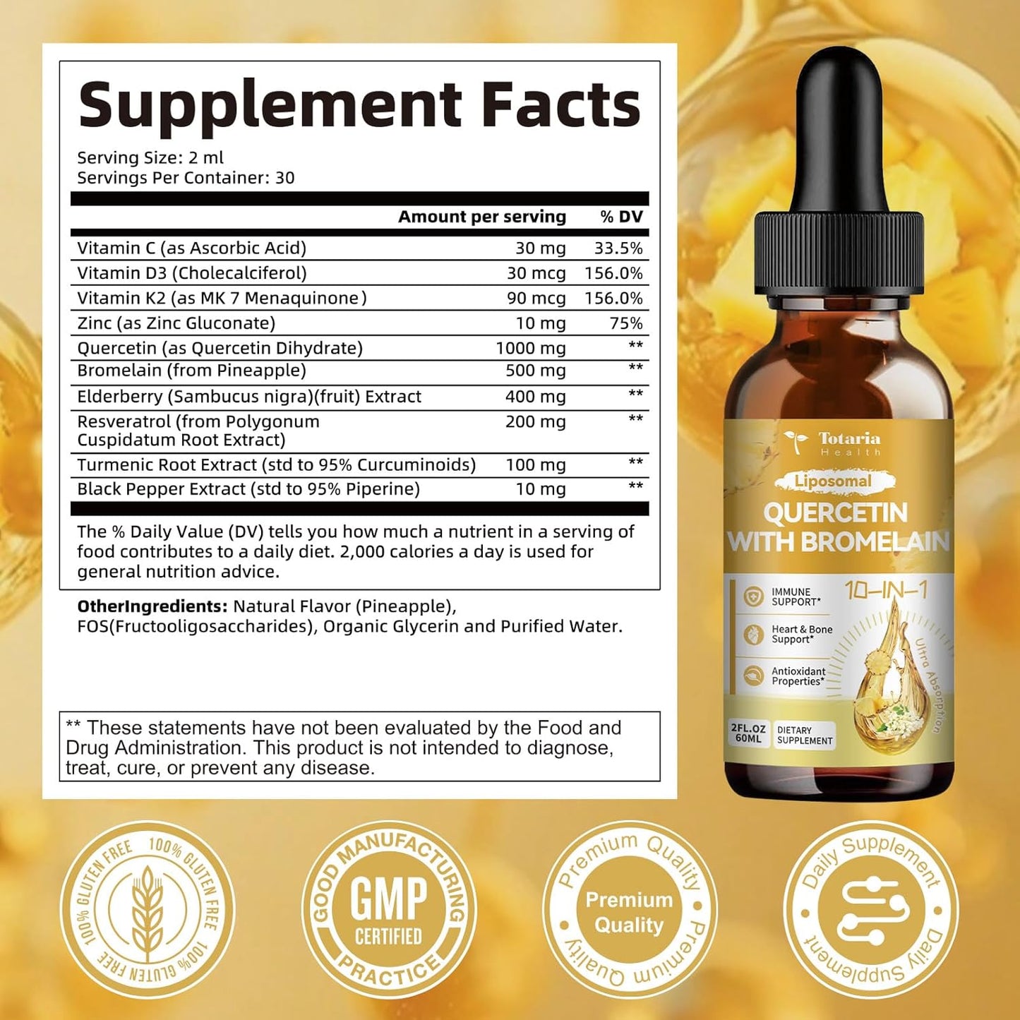 Liposomal Quercetin with Bromelain Liquid Drops - High Absorption Quercetin 1000mg & Bromelain 500mg Plus Elderberry,Vitamin C,Zinc for Immune & Antioxidant & Heart & Bone Support- 2 Fl Oz