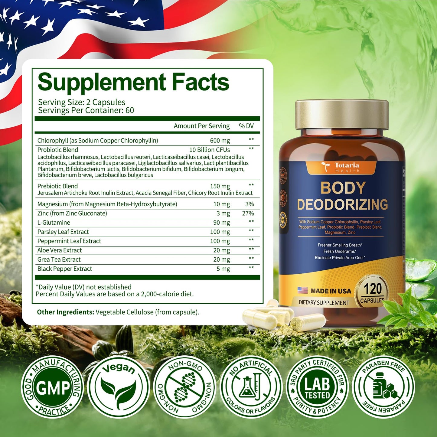 Body Deodorizing Supplement - Chlorophyll Body Deodorizing Capsules with Probiotic & Prebiotic, Magnesium, Zinc, L-Glutamine Deodorant Supplements, 120 Count