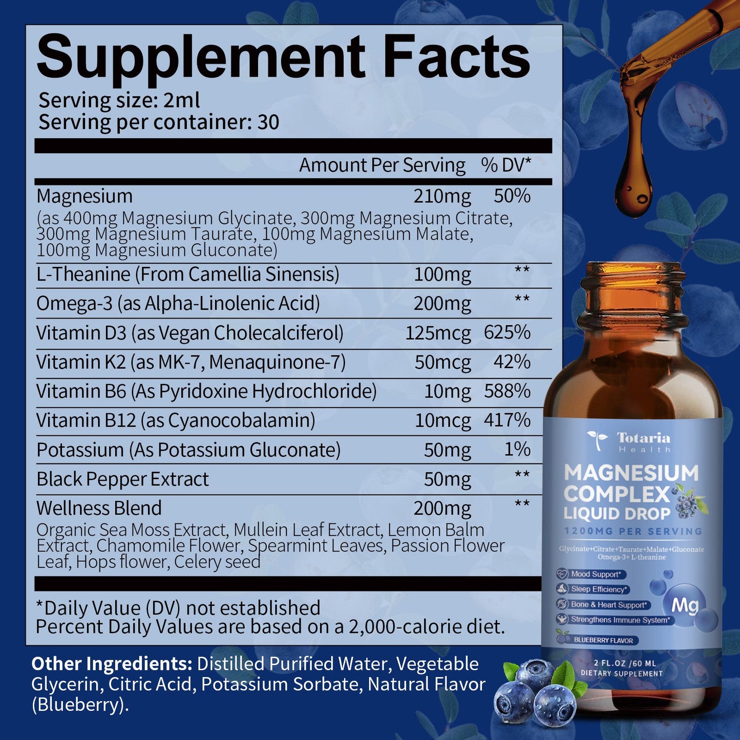 21 in 1 Magnesium Glycinate Complex Liquid Drop with Vitamin D3,K2,B6 & B12 Plus L-Theanine Omega-3 Sea Moss Extract for Energy,Sleep,Joint,Heart Health Sugar Free Blueberry Flavor,2 Fl Oz