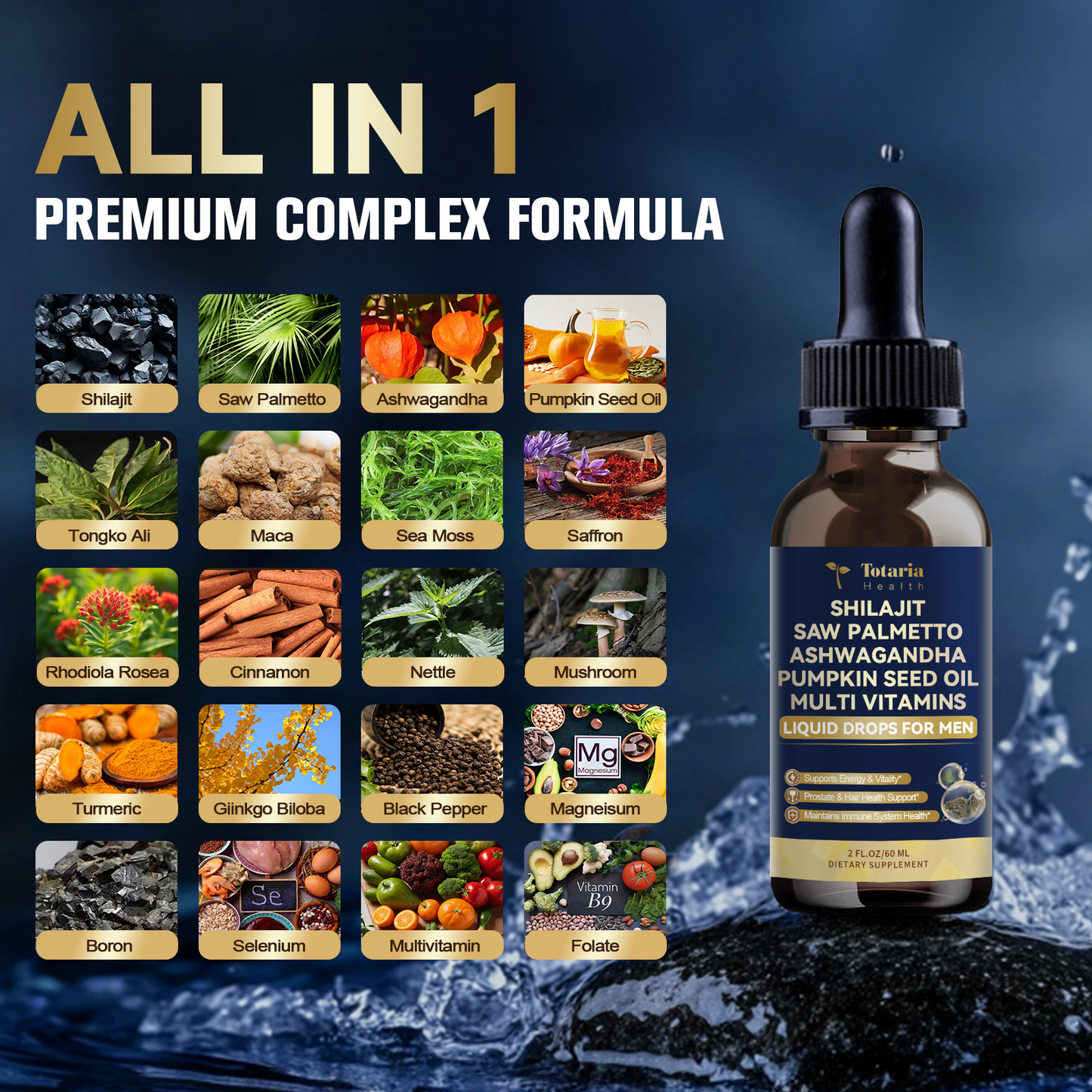 Shilajit Liquid Drops with Saw Palmetto .Ashwagandha .Pumpkin Seed Oil .Sea Moss,Multivitamin - Shilajit for Men - Support Prostate Health & Hair,Energy & lmmune Function - 2FL - Pineapple Flavor