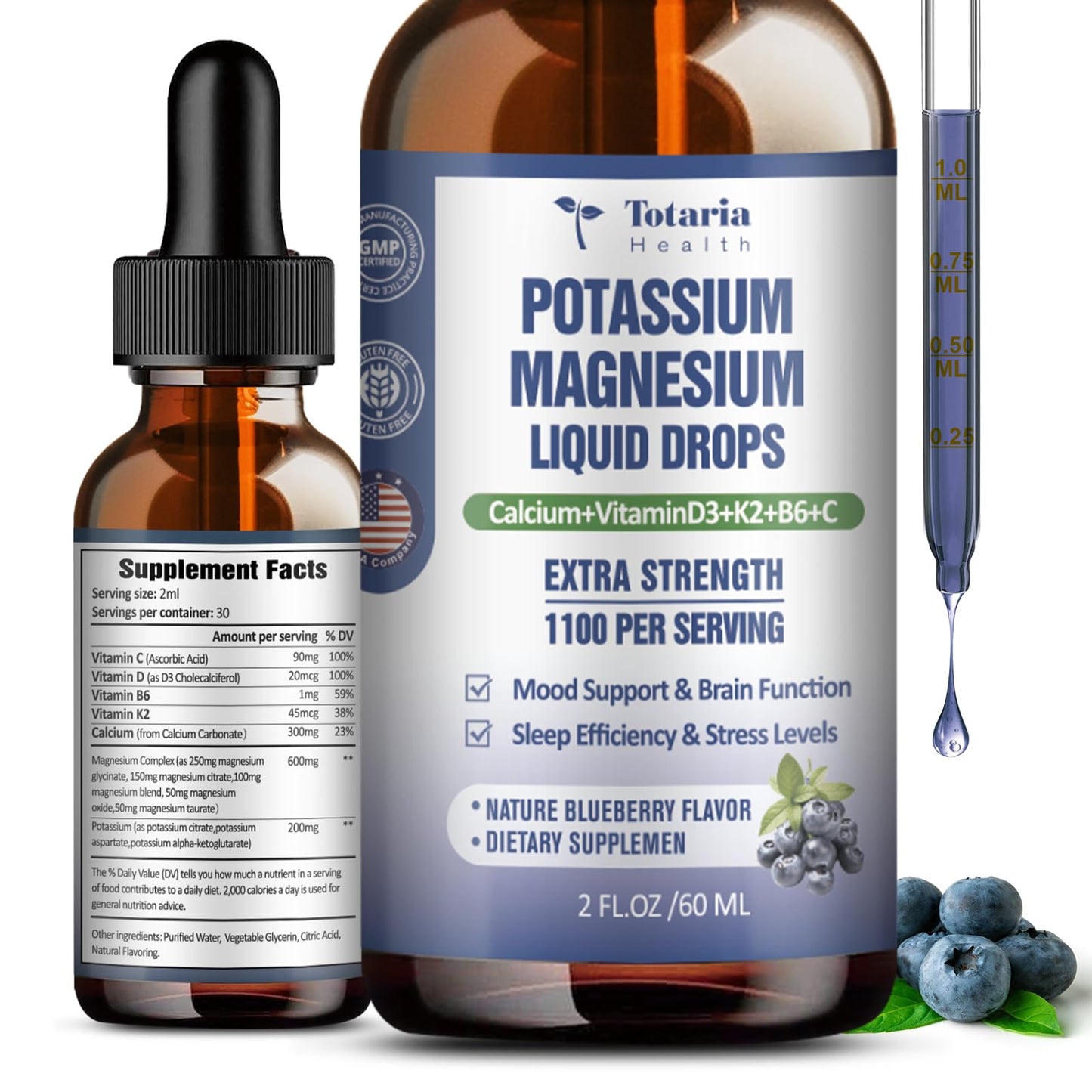 Potassium Magnesium Supplement Liquid Drops - Potassium 200mg & 600mg Triple Complex Magnesium Glycinate Liquid Citrate Oil High Absorption Potasio Support Bone, Muscle, Leg Cramps, Blueberry