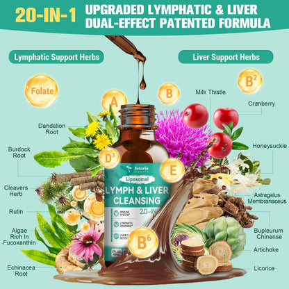 Strongest ''Lymph-Liver'' Cleanse Detox, Liposomal Organic Milk Thistle, Echinacea, Artichoke Lymphatic Drainage & Liver Repair Supplement with All Vitamins, 2 Fl.Oz