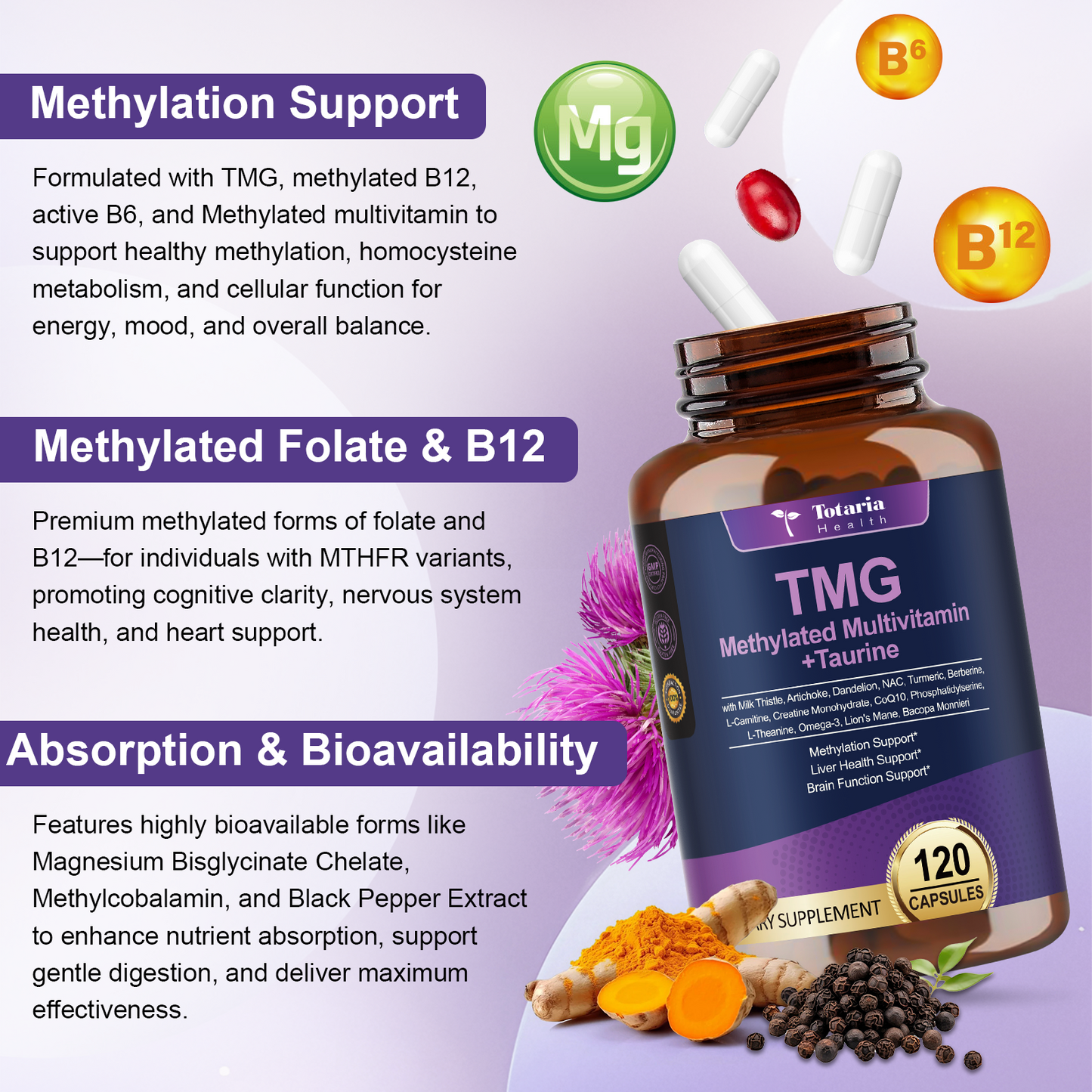 Totaria 750mg TMG Supplements (Trimethylglycine), Methylated Multivitamin for Women Men w/ B6, B12, B9, NAC, L-Taurine, Choline, for Methylation, Liver, Homocysteine Levels, Brain, 120 Vegan Capsules