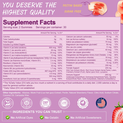 Totaria Sugar Free Multivitamin Gummies for Women 14+ w/Inositol, Iron, Folate, Biotin, Womens Daily Multivitamin Gummy w/Vitamin A, D, C, B, Support Hair, Skin, Energy, Immune, Strawberry Flavor