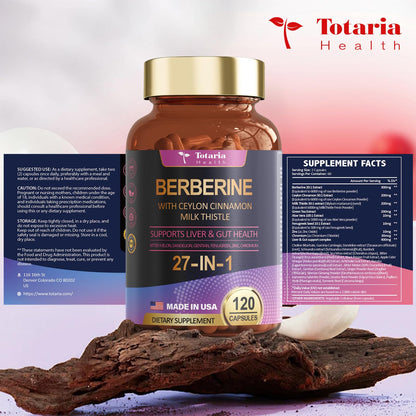 27-in-1 Berberine Supplement with Ceylon Cinnamon, Milk Thistle - Pure Berberine 6000mg - Berberine Plus for Immune, Better Figure, Liver & Gut Health, Vegan Supplements for Men & Women - 120 Caps