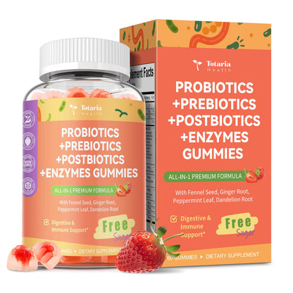Sugar Free 5-in-1 Probiotic Prebiotic Postbiotic Gummy, Probiotics for Women Men with Digestive Enzymes, Peppermint, Complete Immune, Gut & Digestive Support, Vegan, 60 Cts, Strawberry Flavor