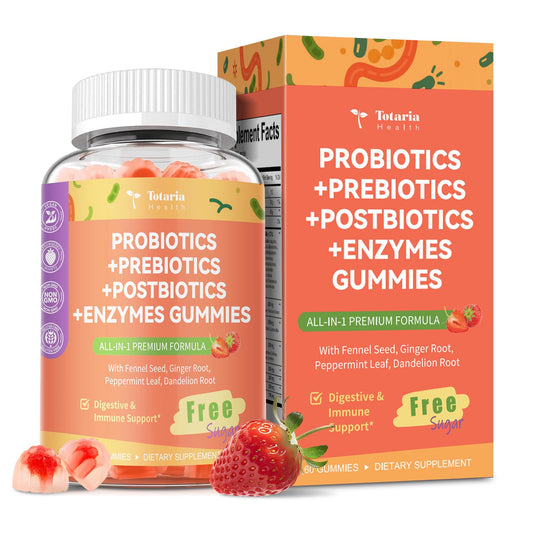 Sugar Free 5-in-1 Probiotic Prebiotic Postbiotic Gummy, Probiotics for Women Men with Digestive Enzymes, Peppermint, Complete Immune, Gut & Digestive Support, Vegan, 60 Cts, Strawberry Flavor