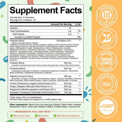 Sugar Free 5-in-1 Probiotic Prebiotic Postbiotic Gummy, Probiotics for Women Men with Digestive Enzymes, Peppermint, Complete Immune, Gut & Digestive Support, Vegan, 60 Cts, Strawberry Flavor
