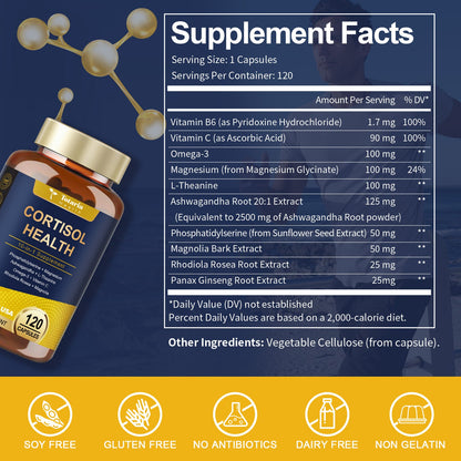 Cortisol Supplement with Ashwagandha,Magnesium,Rhodiola Rosea,L Theanine,Hormone Balance for Mood, Focus, Sleep Support 120 Vegan Capsules