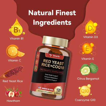 Red Yeast Rice with CoQ10 Supplement - Max Strength Red Yeast Rice 2,000 mg Capsules with CoQ10 100mg Plus Citrus Bergamot - Niacin-Free, Cholesterol & Energy Supplement 3rd-Party Tested Vegan Non-GMO