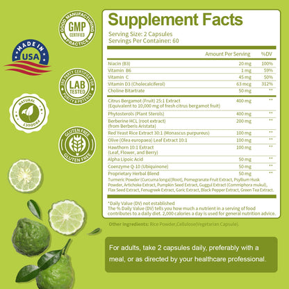 Organic Citrus Bergamot Capsules for Healthy Cholesterol - 1566mg Per Serving Bergamot Supplements 25:1 Extract from Italy Bergamot for Heart, Immune Support, Antioxidant, Anti-Aging, Vegan GMO-Free