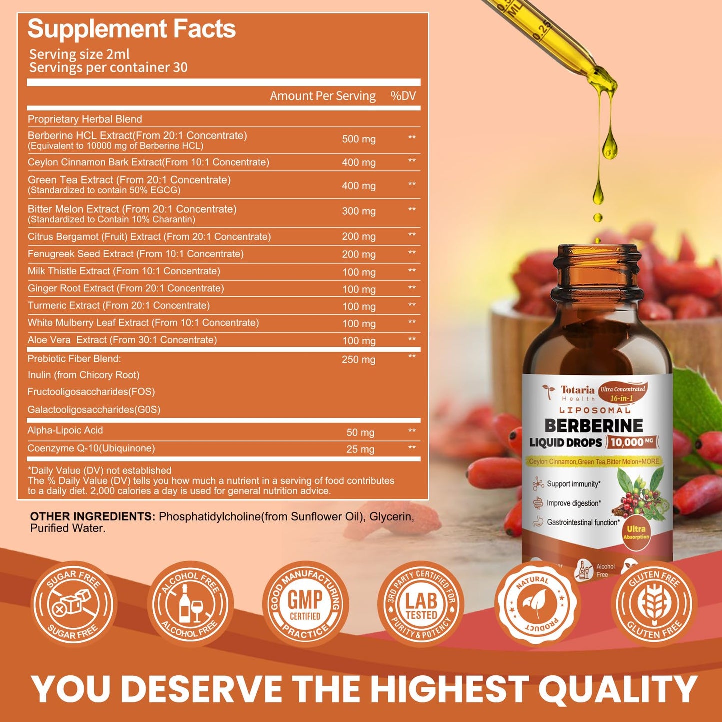 Liposomal Berberine HCl Supplement Activates AMPK & GLP-1, 10000mg (20:1 Extract) Liposomal Berberine with Green Tea, Ceylon Cinnamon Liquid Drops Supports Antioxidant, Digestive, Weight