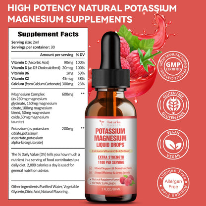 Potassium Magnesium Liquid Drops Supplement Potassium 200mg & 600mg Triple Complex Magnesium Glycinate Citrate Oil High Absorption Potasio Support Bone, Muscle, Heart Health, Cramps, Metabolism