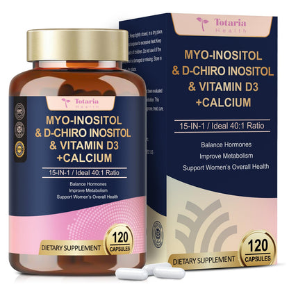 Myo-Inositol & D-Chiro Inositol for Women, 2050 mg inositol Supplement w/DIM, Ashwagandha, Folate, Vitamin D, Calcium, Ideal 40:1 Ratio, for Hormone Balance, Ovarian Function*, Overall Health, 120 Ct