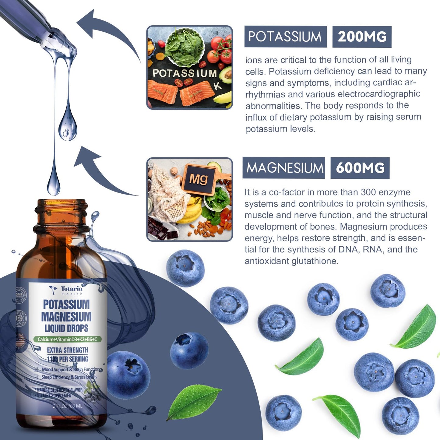 Potassium Magnesium Supplement Liquid Drops - Potassium 200mg & 600mg Triple Complex Magnesium Glycinate Liquid Citrate Oil High Absorption Potasio Support Bone, Muscle, Leg Cramps, Blueberry