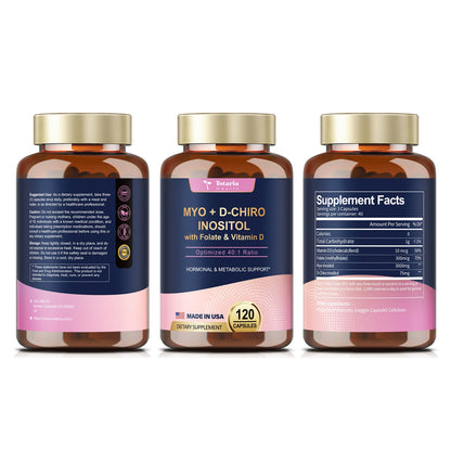 Inositol Supplement for Women with Vitamin D3, Folate, 40:1 Ratio Myo-Inositol 3000mg & D-Chiro Inositol 75mg Complex, (Vitamin B8) Inositol Capsules, 120 Capsules, 40 Servings