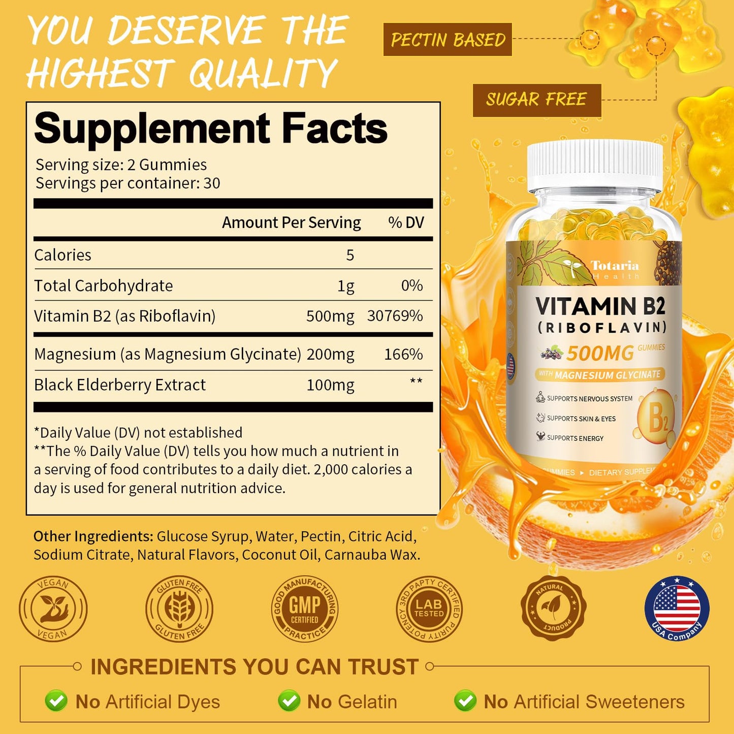 Totaria Vitamin B2 Gummies, Riboflavin 500mg Supplement for Kids & Adults with Magnesium Glycinate & Elderberry, Energy, Skin & Nervous System Support, Vegan, Sugar Free, 60 Chewable Gummies
