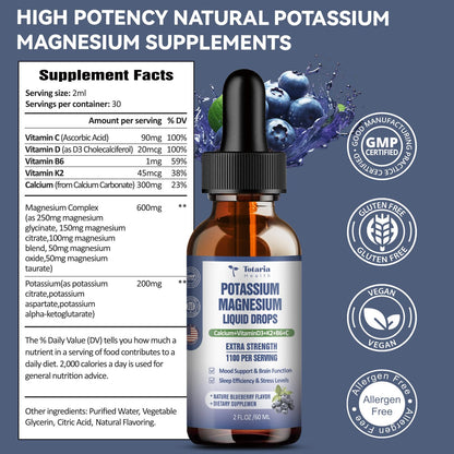 Potassium Magnesium Supplement Liquid Drops - Potassium 200mg & 600mg Triple Complex Magnesium Glycinate Liquid Citrate Oil High Absorption Potasio Support Bone, Muscle, Leg Cramps, Blueberry