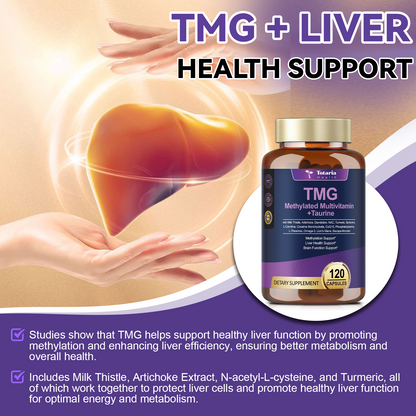 Totaria 750mg TMG Supplements (Trimethylglycine), Methylated Multivitamin for Women Men w/ B6, B12, B9, NAC, L-Taurine, Choline, for Methylation, Liver, Homocysteine Levels, Brain, 120 Vegan Capsules