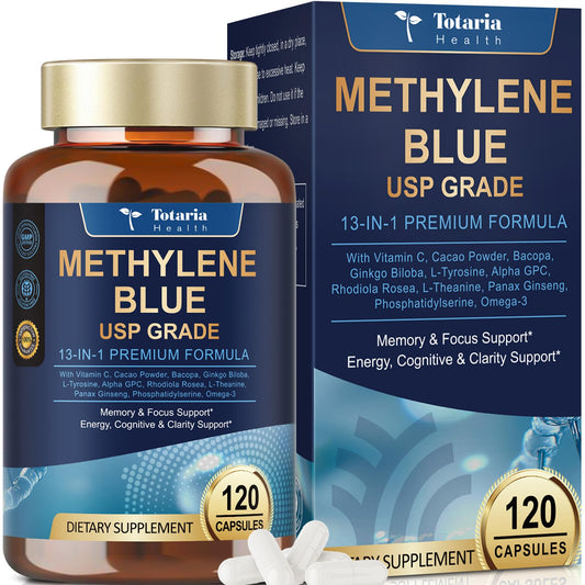 USP Grade Methylene Blue Capsules - Vitamin C, Cacao Powder, Bacopa, Ginkgo Biloba, L-Tyrosine, Alpha GPC, Rhodiola Rosea, L-Theanine, Panax Ginseng Supplement, 120 Count