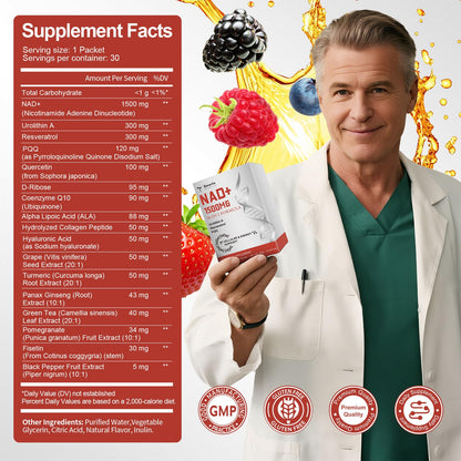 NAD Liquid Supplement 1500mg, Extra Strength NAD+, Resveratrol, Urolithin A, PQQ 16-in-1 Formula with Nicotinamide Riboside for Anti Aging, Energy, Immune, Focus for Men & Women (30 Packets)