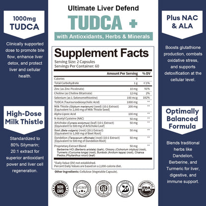 Totaria 15-in-1 TUDCA Liver Supplement 1000mg with Milk Thistle, ALA, NAC, Ultra Strength TUDCA (Tauroursodeoxycholic Acid) Bile Salts, Liver and Gallbladder Cleanse & Repair, Vegan, 120 Counts