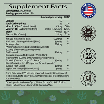 Sea Moss Black Seed Oil Gummies Extracts from Irish Seamoss Whole Plant Advanced with Black Seed Oil, Ashwagandha Burdock Root Turmeric Bladderwrack - Support Immune, Joints, Digestion, Hair & Skin