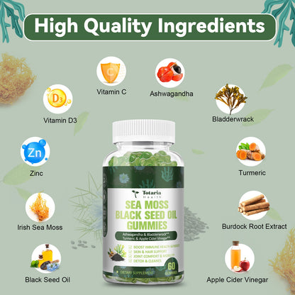 Sea Moss Black Seed Oil Gummies Extracts from Irish Seamoss Whole Plant Advanced with Black Seed Oil, Ashwagandha Burdock Root Turmeric Bladderwrack - Support Immune, Joints, Digestion, Hair & Skin