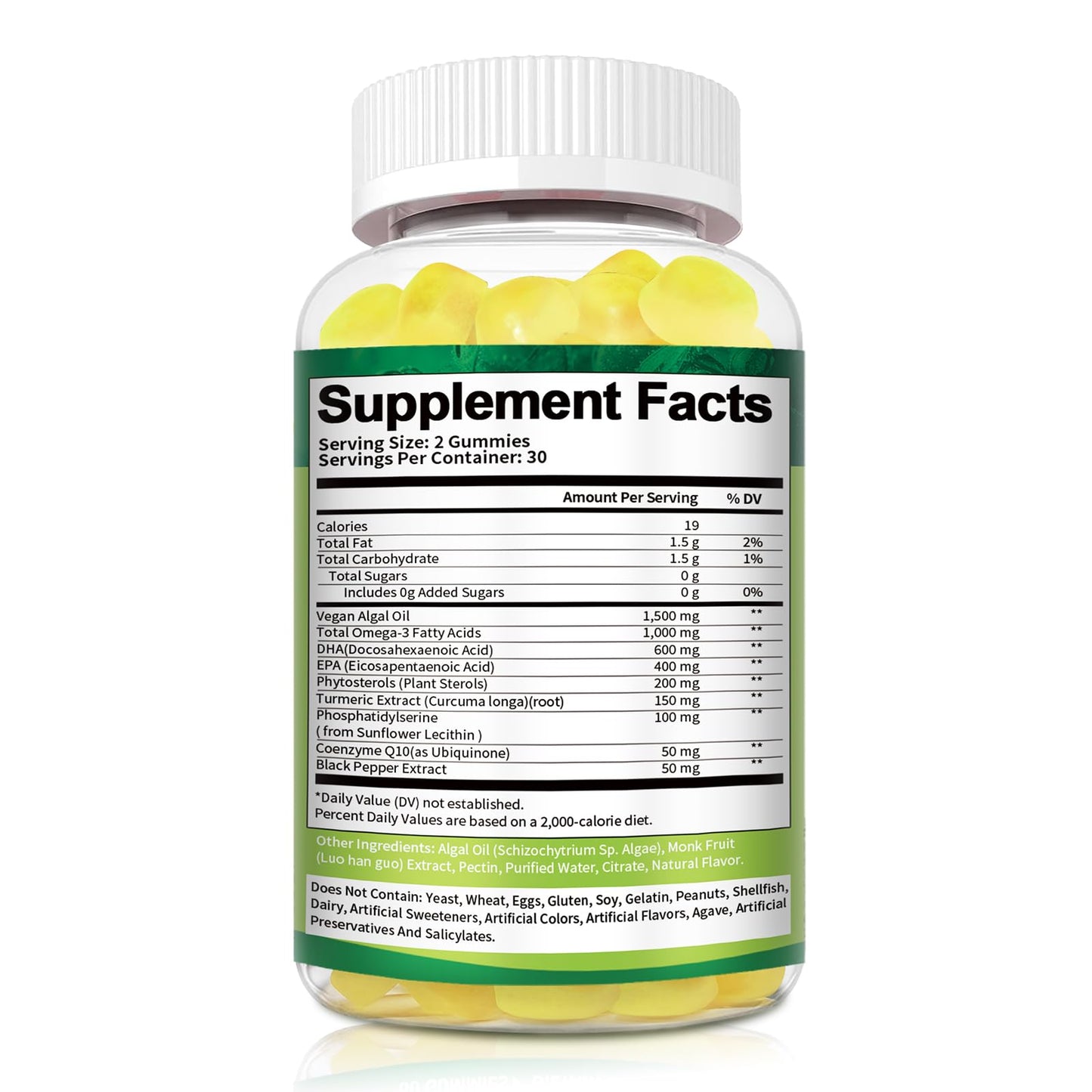 Vegan Algae Omega-3 Gummies with DHA EPA, Turmeric CoQ10 for Brain and Eye Wellness - 60 Counts
