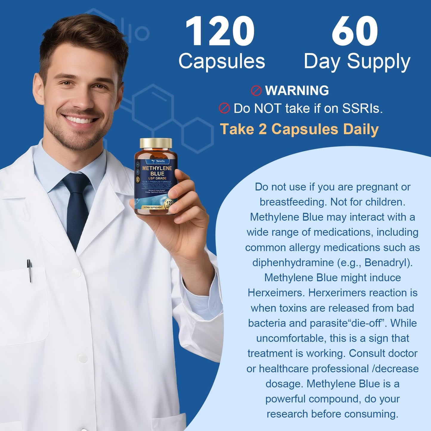 USP Grade Methylene Blue Capsules - Vitamin C, Cacao Powder, Bacopa, Ginkgo Biloba, L-Tyrosine, Alpha GPC, Rhodiola Rosea, L-Theanine, Panax Ginseng Supplement, 120 Count