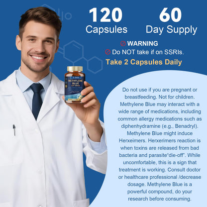 USP Grade Methylene Blue Capsules - Vitamin C, Cacao Powder, Bacopa, Ginkgo Biloba, L-Tyrosine, Alpha GPC, Rhodiola Rosea, L-Theanine, Panax Ginseng Supplement, 120 Count