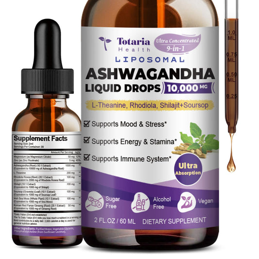 Liposomal Ashwagandha Liquid Drops w/Soursop, L-Theanine, Shilajit, 10000mg (10:1 Extract) Maximum Absorption, Natural Calm, Energy, Cortisol Health for Women & Men, Non-GMO, Alcohol Free