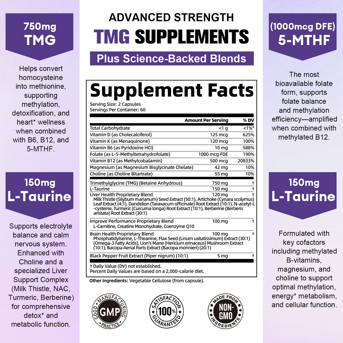 Totaria 750mg TMG Supplements (Trimethylglycine), Methylated Multivitamin for Women Men w/ B6, B12, B9, NAC, L-Taurine, Choline, for Methylation, Liver, Homocysteine Levels, Brain, 120 Vegan Capsules