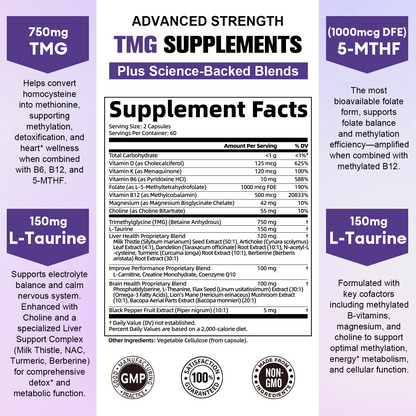 Totaria 750mg TMG Supplements (Trimethylglycine), Methylated Multivitamin for Women Men w/ B6, B12, B9, NAC, L-Taurine, Choline, for Methylation, Liver, Homocysteine Levels, Brain, 120 Vegan Capsules