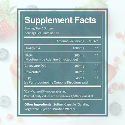 Urolithin A Supplement 1000mg with NAD+,CoQ10,Resveratrol,PQQ Supplement for Men Women 120 Softgels for Muscle Energy Antioxidants Vegan High Bioavailability
