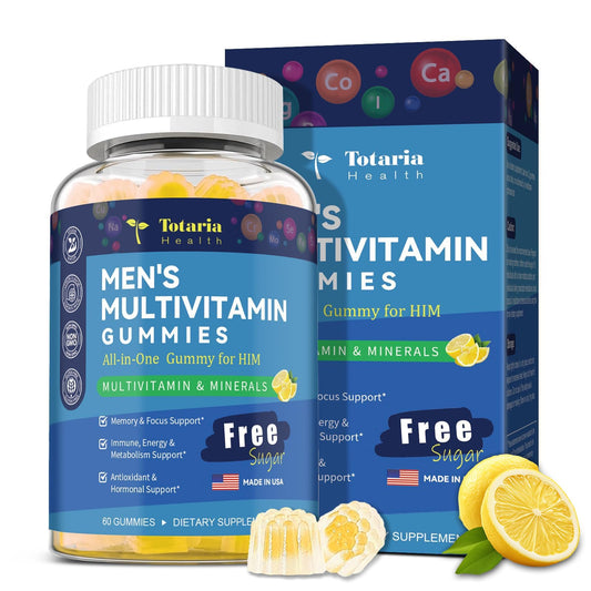 Sugar Free Men's Multivitamin Gummies w/Vegan Omega 3, Maca, Saw Palmetto, Vitamin A, B, C, E, D3, K, Zinc, Daily Methylated Multivitamins for Men, for Immunity, Energy, Lemon Flavor, 60 Counts