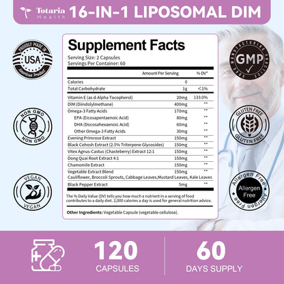DIM Supplement 400mg Extra Strength Liposomal DIM, Estrogen Blocker & Hormone Balance for Women and Men, Max Strength DIM Diindolylmethane for Metabolism Antioxidant Support (120 Capsules)