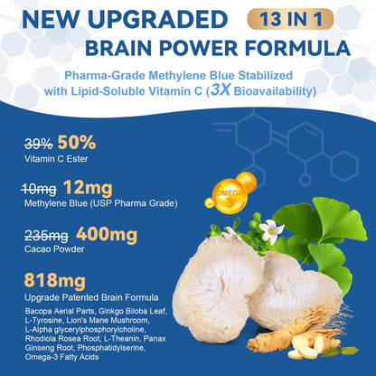 USP Grade Methylene Blue Capsules - Vitamin C, Cacao Powder, Bacopa, Ginkgo Biloba, L-Tyrosine, Alpha GPC, Rhodiola Rosea, L-Theanine, Panax Ginseng Supplement, 120 Count
