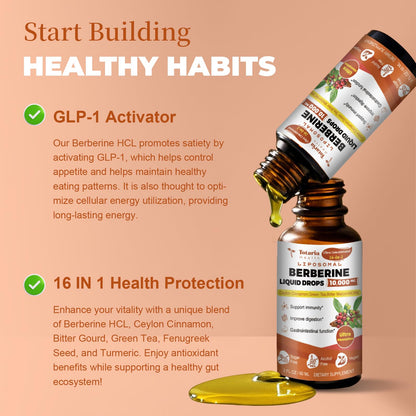 Liposomal Berberine HCl Supplement Activates AMPK & GLP-1, 10000mg (20:1 Extract) Liposomal Berberine with Green Tea, Ceylon Cinnamon Liquid Drops Supports Antioxidant, Digestive, Weight