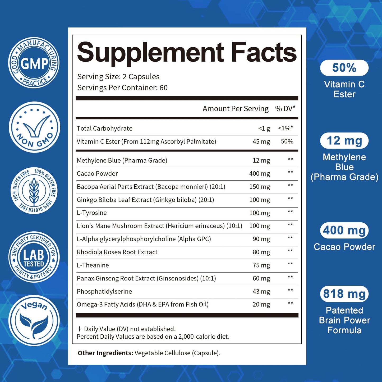 USP Grade Methylene Blue Capsules - Vitamin C, Cacao Powder, Bacopa, Ginkgo Biloba, L-Tyrosine, Alpha GPC, Rhodiola Rosea, L-Theanine, Panax Ginseng Supplement, 120 Count