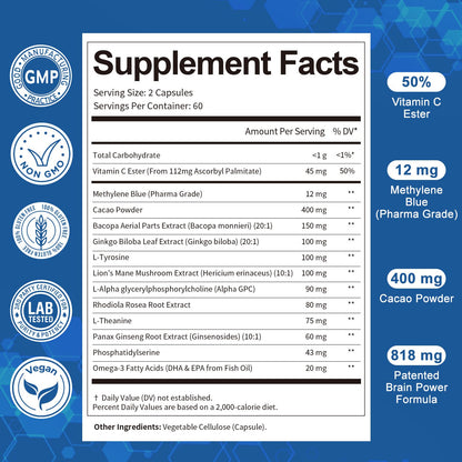 USP Grade Methylene Blue Capsules - Vitamin C, Cacao Powder, Bacopa, Ginkgo Biloba, L-Tyrosine, Alpha GPC, Rhodiola Rosea, L-Theanine, Panax Ginseng Supplement, 120 Count