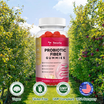 9-in-1 Probiotic Fiber Gummies for Adults & Teens 16G Fiber per Serving, Psyllium Fiber Supplement with 5 Billion CFU Bacillus Coagulans, Inulin, ACV for Digestive, Gut & Immune Wellness - 60 Gummies
